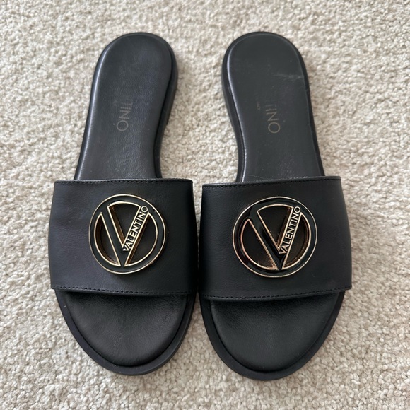 Valentino Shoes - Valentino Black Slides with Gold Logo